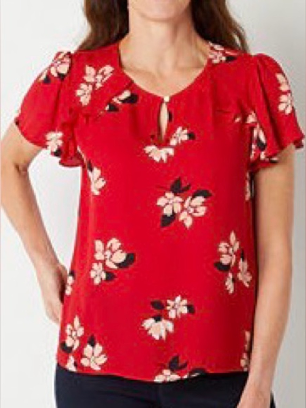 Liz Claiborne Red Floral Ruffle Sleeve Top